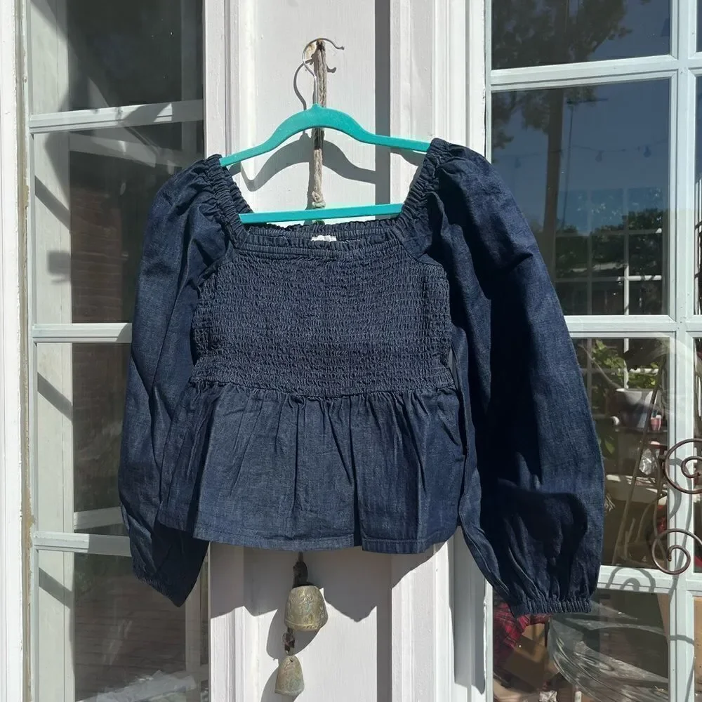 J Crew Puff Sleeve Chambray Smocked Top NWT